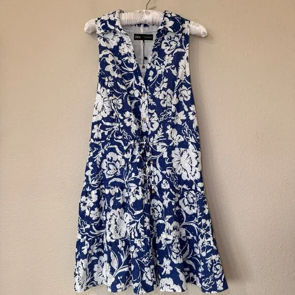 ZARA Womens Blue White Floral Embroidered Sleeveless Dress Size XL - Picture 6 of 15